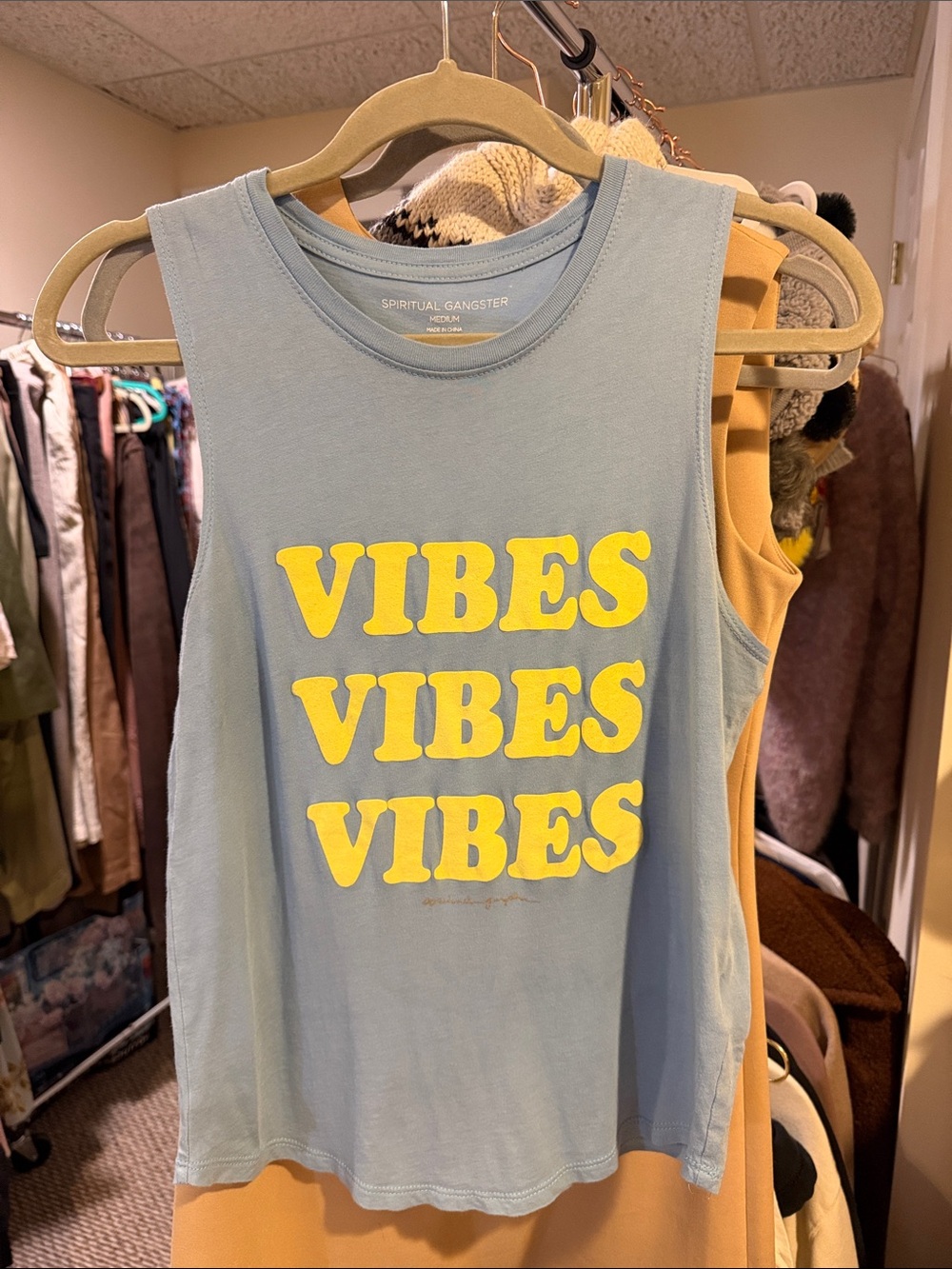 Spiritual Gangster Light Blue Tank with Yellow VIBES Graphic